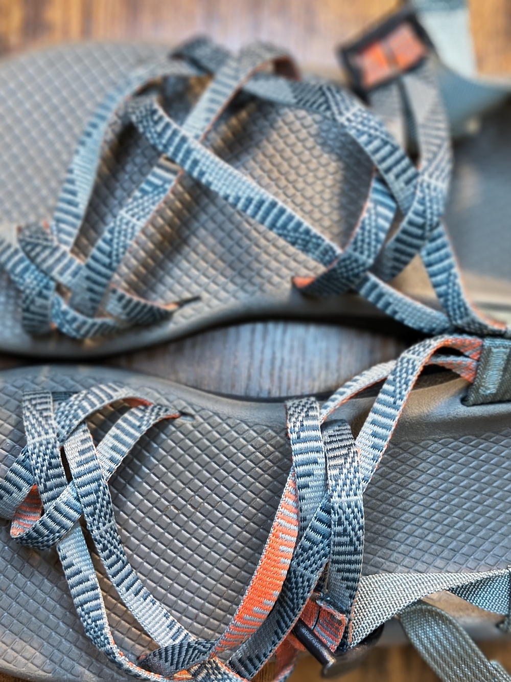 Chaco Strappy Sandals in Charcoal with Orange Accents